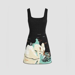 Cider Black Knit Dress with Swan Motif - Black, Cream, Mint, Orange Accents
